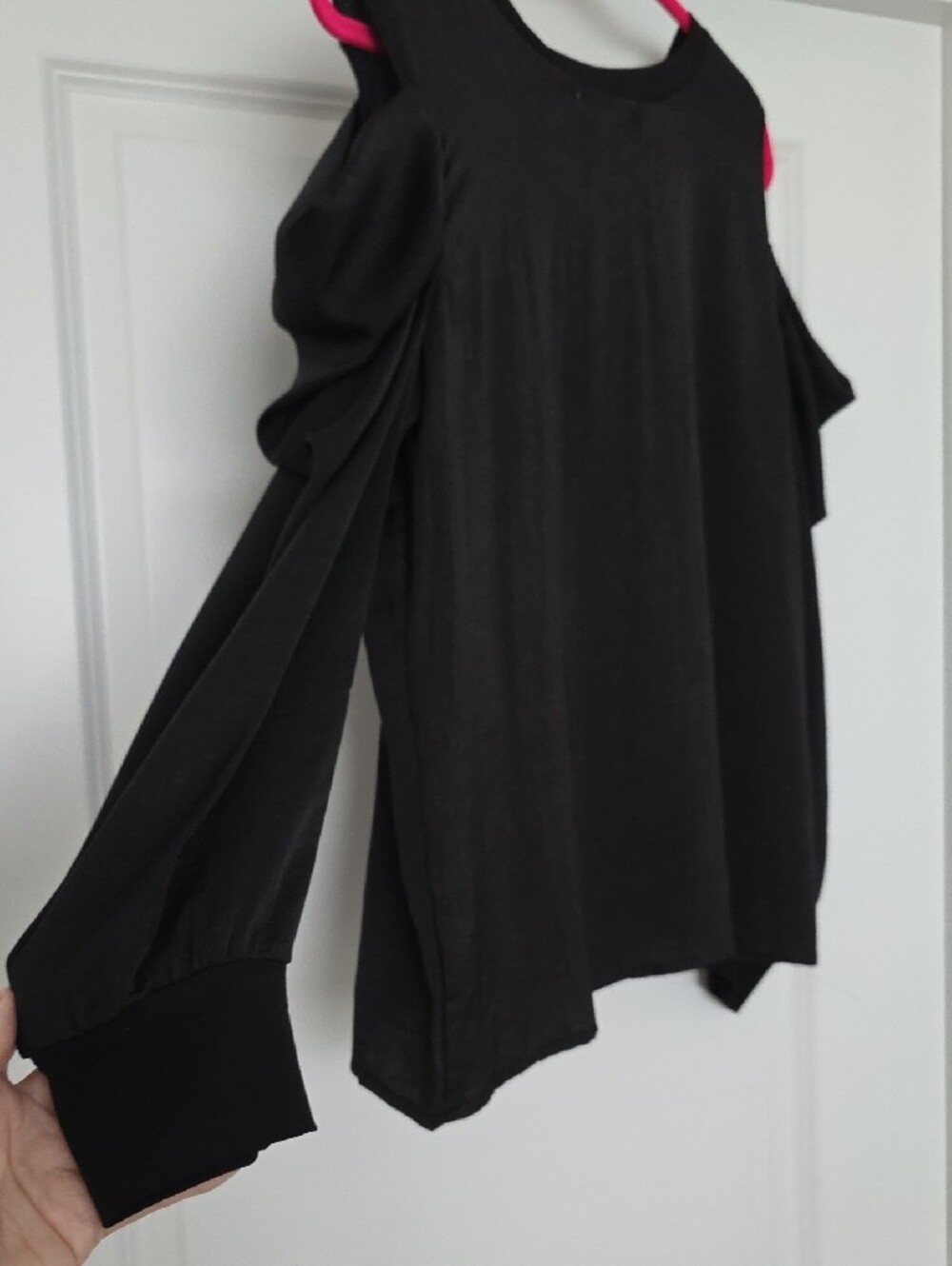 Black Ruffle Long Sleeve Cold Shoulder Top - Picture 3 of 6